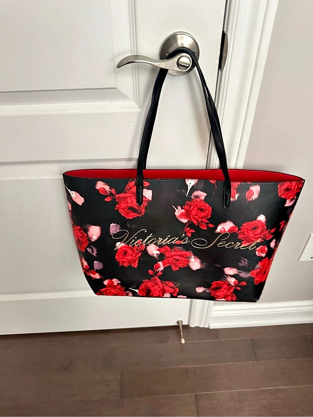 Victoria's Secret Black and Red Rose Floral Tote Bag